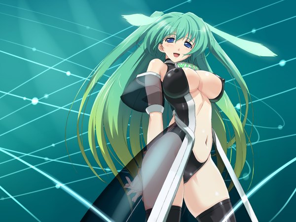 Anime picture 1600x1200 with os-tan windows (operating system) long hair looking at viewer breasts open mouth light erotic smile large breasts animal ears green hair green background thighhighs navel black thighhighs transparent clothing