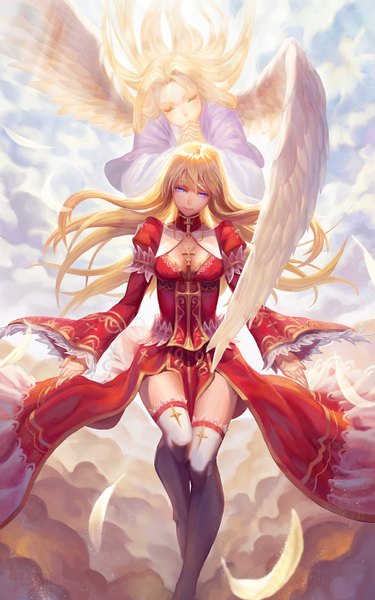 Anime picture 875x1400 with original ecien long hair tall image looking at viewer fringe breasts blue eyes blonde hair smile multiple girls sky cleavage cloud (clouds) bent knee (knees) eyes closed long sleeves sunlight wide sleeves zettai ryouiki