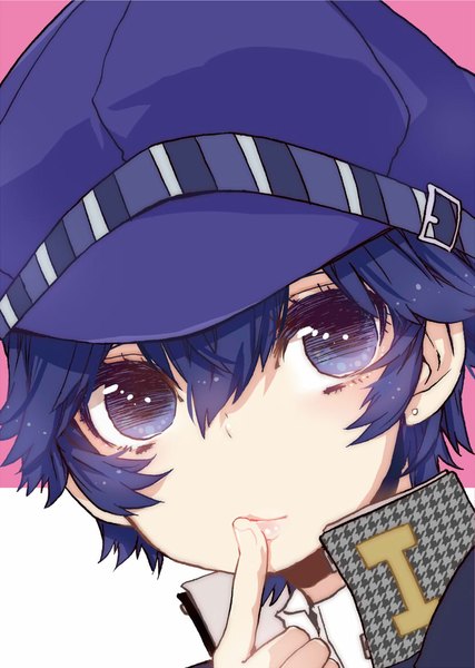 Anime picture 831x1168 with persona 4 persona shirogane naoto sayu030b single tall image short hair purple eyes blue hair looking away finger to mouth portrait face girl hat