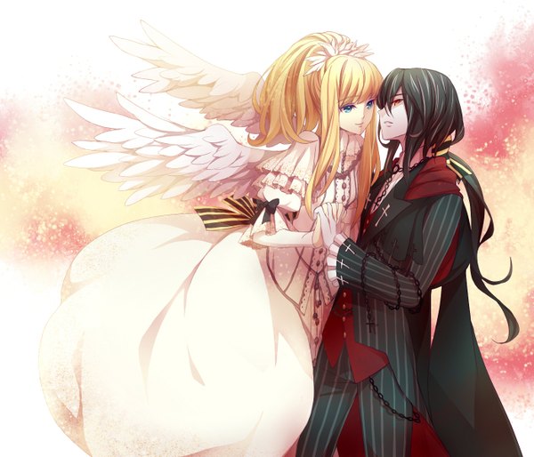 Anime picture 1400x1200 with sound horizon elisabeth von wettin marchen von friedhof long hair open mouth blue eyes black hair blonde hair smile red eyes couple holding hands angel wings girl dress boy wings white dress chain cloak