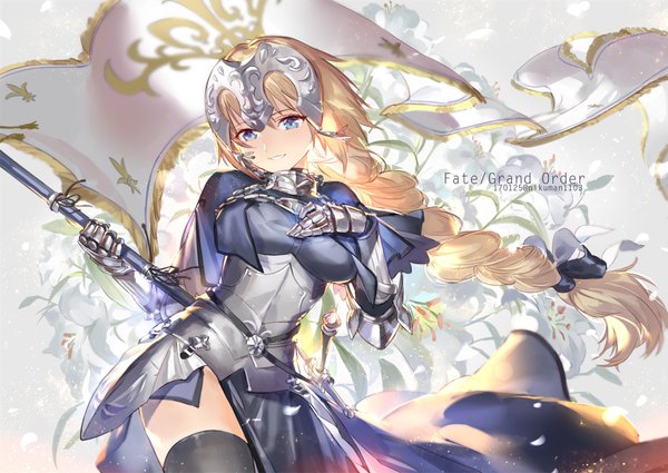 Anime picture 1066x756 with fate (series) fate/apocrypha jeanne d'arc (fate) (all) jeanne d'arc (fate) holy pumpkin single long hair blue eyes blonde hair smile holding ponytail braid (braids) copyright name hand on chest girl dress ribbon (ribbons) hair ribbon flag