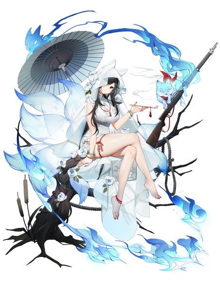 Anime picture 1470x1949 with girls frontline general liu (girls frontline) general liu (willow foxfire) (girls frontline) bahao diqiu single tall image looking at viewer fringe breasts blue eyes black hair smile sitting holding animal ears full body tail braid (braids) very long hair traditional clothes