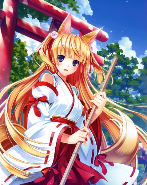 Anime picture 1924x2416 with original riv single tall image looking at viewer blush fringe highres open mouth blue eyes blonde hair standing holding animal ears sky cloud (clouds) outdoors tail very long hair traditional clothes