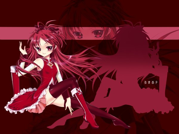 Anime picture 1334x1000 with mahou shoujo madoka magica shaft (studio) sakura kyouko single long hair blush red eyes bare shoulders red hair loli zoom layer girl thighhighs