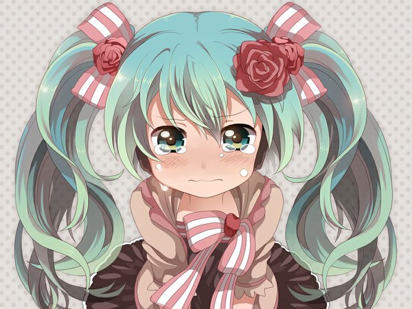 Anime picture 1024x768 with vocaloid hatsune miku kuroton@9610 blush twintails green eyes green hair loli tears crying girl bow rose (roses)