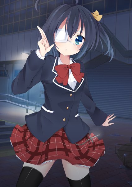 Anime picture 1100x1553 with chuunibyou demo koi ga shitai! kyoto animation takanashi rikka kzom single tall image blush short hair blue eyes blue hair zettai ryouiki one side up plaid skirt frilly skirt girl thighhighs skirt uniform black thighhighs school uniform