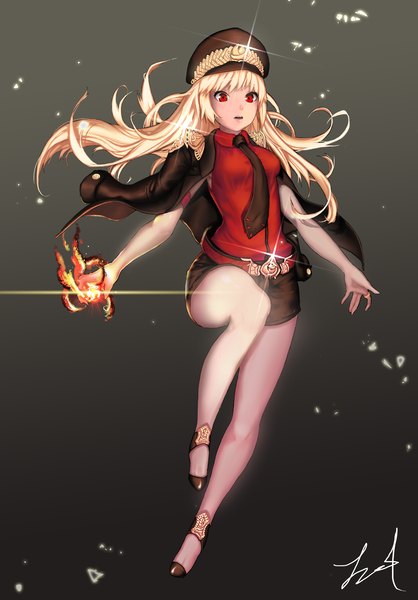 Anime picture 2041x2930 with original kuri choko single long hair tall image looking at viewer fringe highres simple background blonde hair red eyes standing signed bent knee (knees) parted lips bare legs glowing black background standing on one leg leg lift (legs lift)