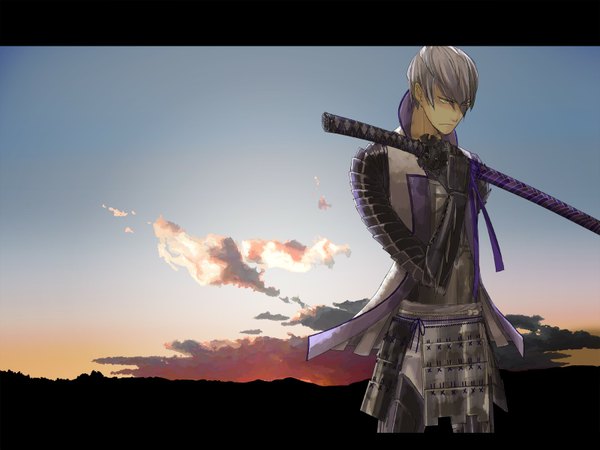 Anime picture 1600x1200 with sengoku basara production i.g mitsunari ishida single fringe short hair sky silver hair cloud (clouds) hair over one eye evening sunset boy weapon sword armor katana