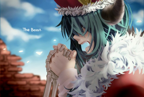 Anime picture 5000x3396 with vocaloid hatsune miku single long hair fringe highres open mouth signed absurdres sky profile horn (horns) aqua hair inscription tears crying skeleton girl fur crown