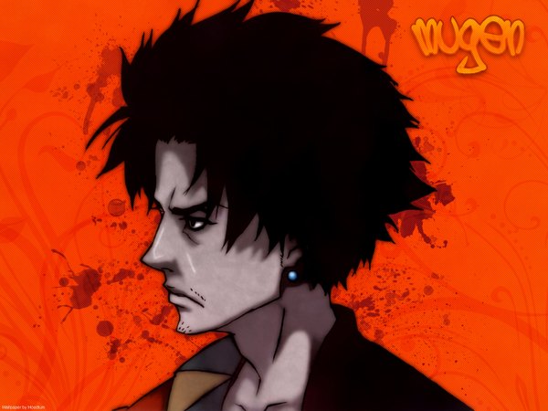 Anime picture 1600x1200 with samurai champloo mugen (samurai champloo) short hair black hair profile inscription face red background boy earrings