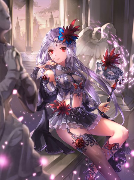 Anime picture 1500x2019 with original shenteita (sharkpunk) single long hair tall image looking at viewer breasts light erotic red eyes sitting purple hair bent knee (knees) parted lips hair flower pointy ears sparkle midriff high heels depth of field finger to mouth