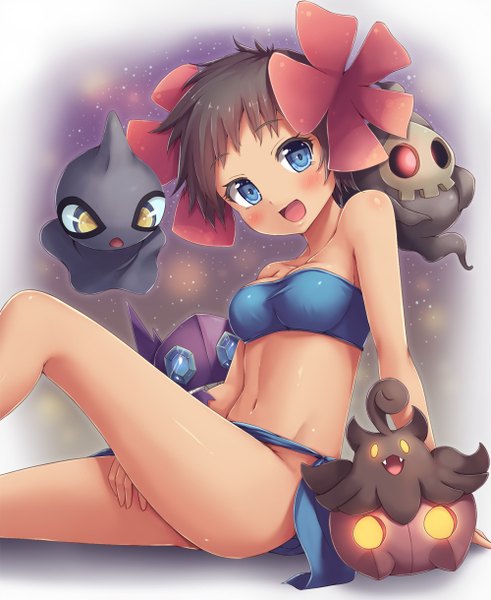 Anime picture 1000x1220 with pokemon pokemon (game) pokemon oras nintendo sableye duskull pumpkaboo shuppet fuyou (pokemon) snowcanvas single tall image looking at viewer blush short hair open mouth blue eyes light erotic black hair sitting