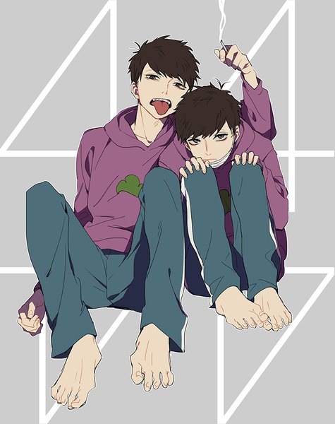 Anime picture 686x866 with osomatsu-san matsuno ichimatsu io (sinking=carousel) tall image looking at viewer short hair black hair sitting full body barefoot black eyes grey background multiple boys smoke dual persona mask pull boy tongue hood 2 boys