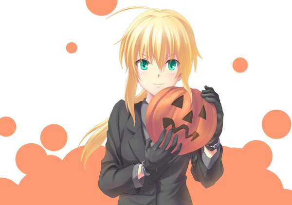 Anime picture 1300x915 with fate (series) fate/zero type-moon artoria pendragon (all) saber ese shinshi single long hair looking at viewer blonde hair green eyes girl gloves suit vegetables pumpkin