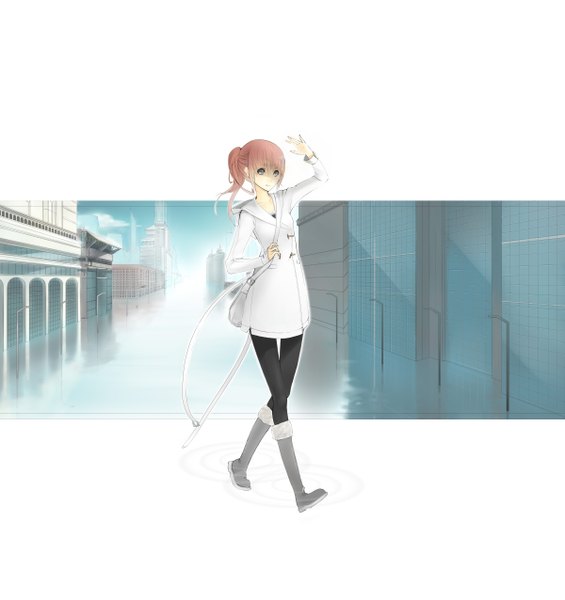 Anime picture 1200x1275 with original mins (minevi) single long hair tall image fringe brown hair sky cloud (clouds) ponytail grey eyes city cityscape walking girl pantyhose water belt fur hood