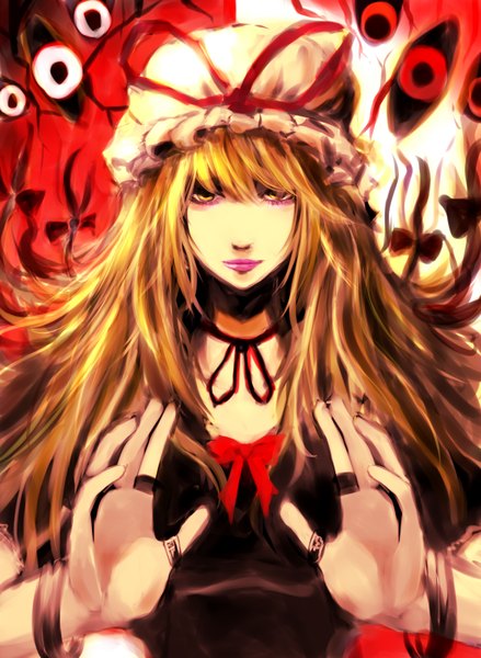 Anime picture 1170x1600 with touhou yakumo yukari 31 violence (artist) single long hair tall image blonde hair yellow eyes eyes girl dress ribbon (ribbons) bracelet ring bonnet