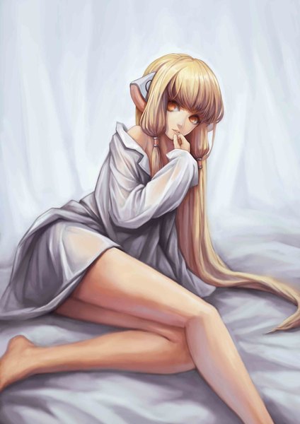 Anime picture 1240x1754 with chobits clamp chii yinanhuanle single long hair tall image fringe blonde hair sitting bare shoulders looking away orange eyes legs naked shirt girl