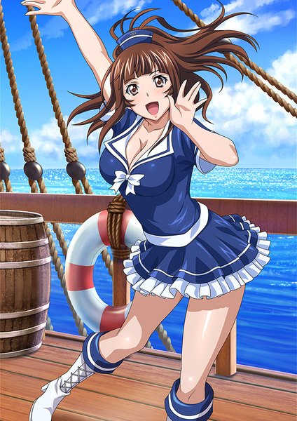 Anime picture 600x849 with ikkitousen yagyu mitsuyoshi single long hair tall image looking at viewer blush open mouth brown hair brown eyes girl skirt miniskirt boots sailor suit