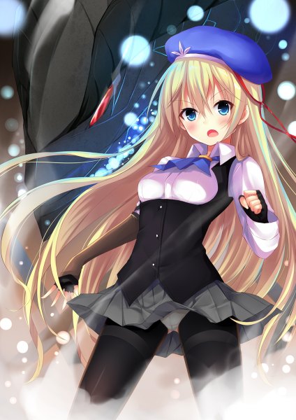 Anime picture 848x1200 with machine-doll wa kizutsukanai charlotte blue aixioo long hair tall image blush open mouth blue eyes light erotic blonde hair pantyshot girl dress gloves uniform underwear panties school uniform pantyhose black pantyhose