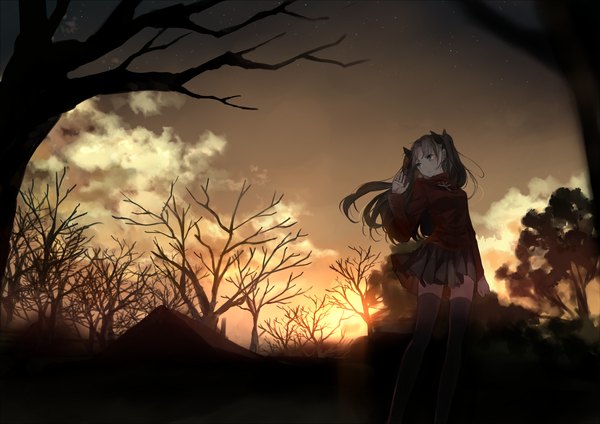 Anime picture 2500x1767 with fate (series) fate/stay night type-moon toosaka rin bou shaku single long hair highres blue eyes brown hair twintails looking away sky cloud (clouds) zettai ryouiki evening sunset bare tree girl thighhighs