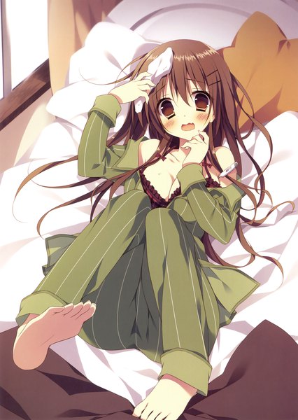 Anime picture 2484x3500 with original shimofuri oniku single long hair tall image looking at viewer blush highres breasts open mouth light erotic brown hair brown eyes barefoot scan official art girl lingerie bra bed