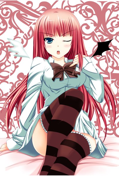 Anime picture 1181x1748 with nekur single long hair tall image blush open mouth blue eyes red hair one eye closed wink girl thighhighs shirt wings bowtie striped thighhighs