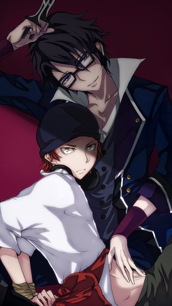 Anime picture 1150x2038 with k-project gohands (studio) misaki yata munakata reishi dessa-nya tall image looking at viewer blue eyes black hair smile brown hair brown eyes multiple boys shounen ai boy glasses headphones 2 boys cap