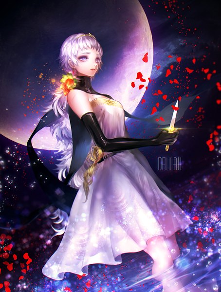 Anime picture 1000x1320 with original mypower_53mnds single long hair tall image purple eyes bare shoulders white hair hair flower girl dress gloves flower (flowers) weapon petals black gloves elbow gloves moon dagger