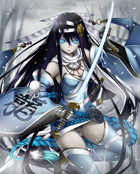 Anime picture 800x994 with sengoku taisen original uesugi kenshin hotori (sion) single tall image looking at viewer fringe blue eyes light erotic black hair hair between eyes bare shoulders holding braid (braids) very long hair traditional clothes parted lips japanese clothes wide sleeves