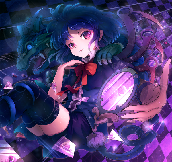 Anime picture 1254x1182 with touhou houjuu nue santouhei short hair black hair red eyes checkered background girl thighhighs bow black thighhighs wings monster mirror