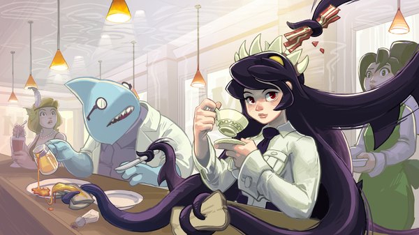 Anime picture 1920x1080 with skullgirls filia (skullgirls) samson (skullgirls) stanley whitefin niccolo balce long hair highres black hair blonde hair red eyes brown hair wide image sitting multiple girls looking away ponytail official art surprised tentacle hair girl