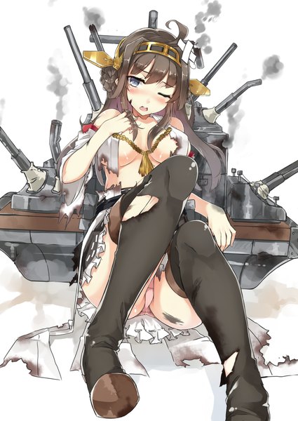 Anime picture 1432x2023 with kantai collection kongou battleship nanahara fuyuki single long hair tall image breasts light erotic simple background brown hair large breasts white background sitting ahoge one eye closed wink grey eyes pantyshot torn clothes smoke