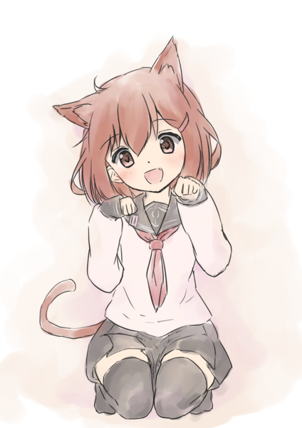 Anime picture 868x1228 with kantai collection ikazuchi destroyer wamu (chartreuse) single tall image looking at viewer blush fringe short hair open mouth simple background brown hair white background brown eyes animal ears tail head tilt animal tail cat ears cat girl