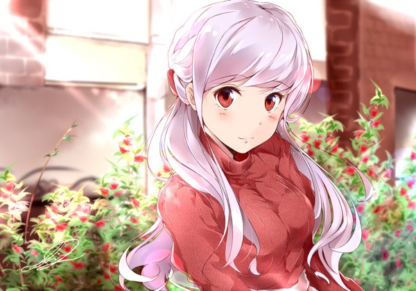 Anime picture 1400x979 with original shi-2 single long hair looking at viewer blush fringe breasts smile red eyes signed silver hair upper body outdoors sunlight depth of field lens flare sunbeam girl flower (flowers)