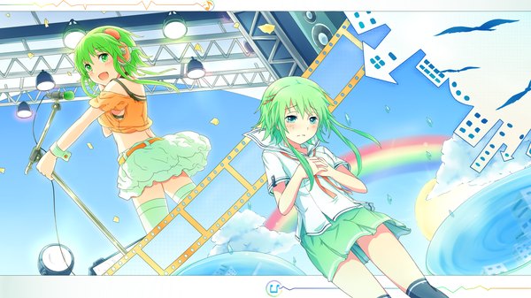 Anime picture 2200x1237 with vocaloid gumi looking at viewer highres short hair blue eyes smile wide image multiple girls green eyes looking back green hair looking down happy sad girl skirt 2 girls socks headphones