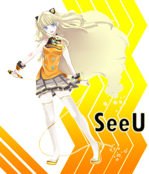 Anime picture 1027x1200 with vocaloid seeu single long hair tall image open mouth blue eyes blonde hair inscription girl thighhighs skirt miniskirt white thighhighs wrist cuffs