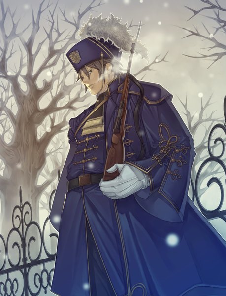 Anime picture 2300x3007 with original katsutake tall image highres short hair absurdres grey hair grey eyes snowing winter exhalation steam gloves uniform plant (plants) hat tree (trees) cloak military uniform