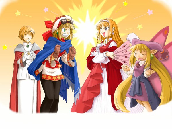Anime picture 1024x768 with marl kingdom nippon ichi cornet blonde hair brown hair purple eyes green eyes red hair sweat sweatdrop angry battle laughing dress gloves hat pantyhose wings star (symbol) cape