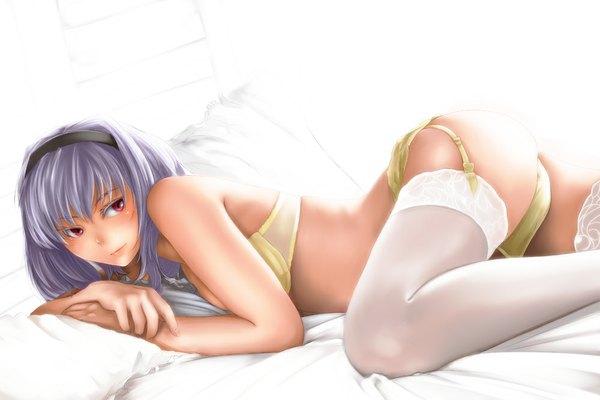 Anime picture 1000x667 with idolmaster shijou takane kirieppa (artist) single short hair light erotic red eyes silver hair ass looking back underwear only girl thighhighs underwear panties white thighhighs hairband
