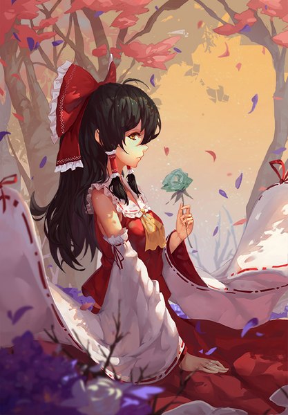 Anime picture 568x816 with touhou hakurei reimu zetlice single long hair tall image black hair brown eyes looking away girl flower (flowers) bow plant (plants) hair bow detached sleeves petals tree (trees)