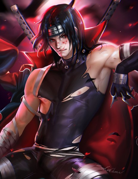 Anime picture 1314x1700 with naruto studio pierrot naruto (series) uchiha itachi sakimichan single long hair tall image looking at viewer black hair red eyes sitting holding blue hair realistic torn clothes licking blood on face akatsuki boy