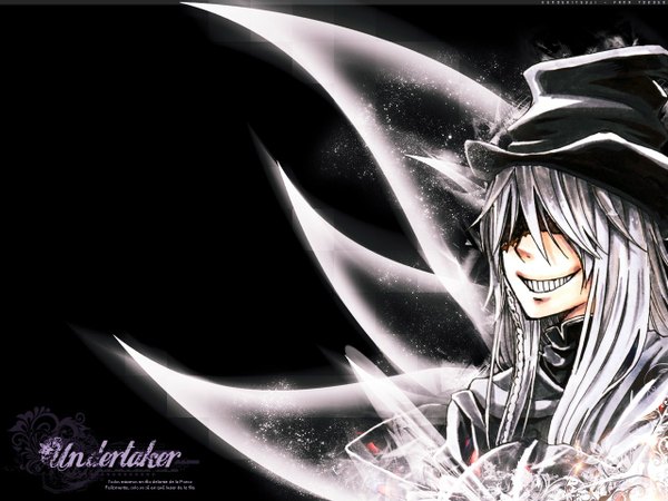 Anime picture 1280x960 with kuroshitsuji a-1 pictures undertaker single long hair smile silver hair hair over eyes hat