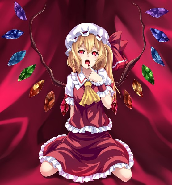 Anime picture 1300x1400 with touhou flandre scarlet asu hare single tall image short hair open mouth blonde hair red eyes teeth fang (fangs) one side up girl wings frills bonnet crystal