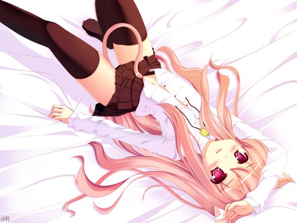 Anime picture 1600x1200 with zero no tsukaima j.c. staff louise francoise le blanc de la valliere natsumiya yuzu blush light erotic animal ears tail pink eyes cat girl loli hand on head body blush cute girl thighhighs miniskirt bed