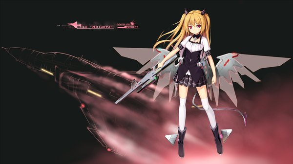 Anime picture 3555x2000 with original hagi (ame hagi) single long hair highres blonde hair red eyes wide image dark background mechanical wings girl thighhighs skirt weapon white thighhighs wings boots gun