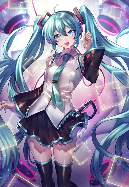 Anime picture 1663x2404 with vocaloid hatsune miku maruchi single tall image looking at viewer blush fringe open mouth smile hair between eyes standing twintails bare shoulders payot ahoge very long hair nail polish head tilt :d