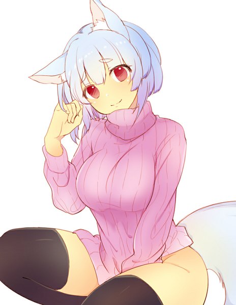 Anime picture 702x907 with original shimako single tall image looking at viewer fringe short hair breasts light erotic simple background smile red eyes large breasts white background sitting animal ears blue hair bent knee (knees) tail animal tail