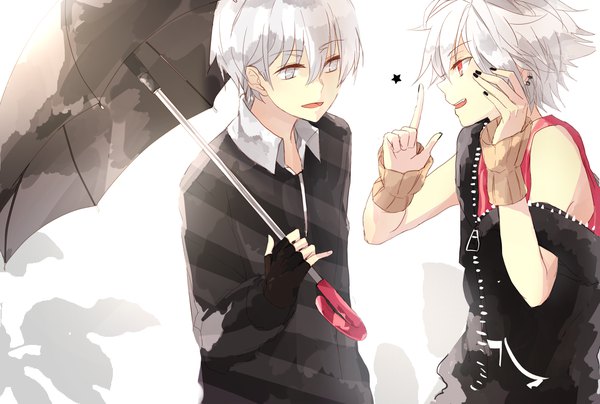 Anime picture 1095x739 with original daenarys fringe short hair open mouth simple background smile hair between eyes red eyes white background bare shoulders holding looking away silver hair nail polish profile multiple boys striped silver eyes pointing