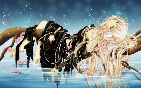 Anime picture 2560x1600 with chobits freya long hair highres blonde hair wide image brown eyes animal ears lying barefoot hair flower legs girl dress hair ornament flower (flowers) water black dress jewelry branch