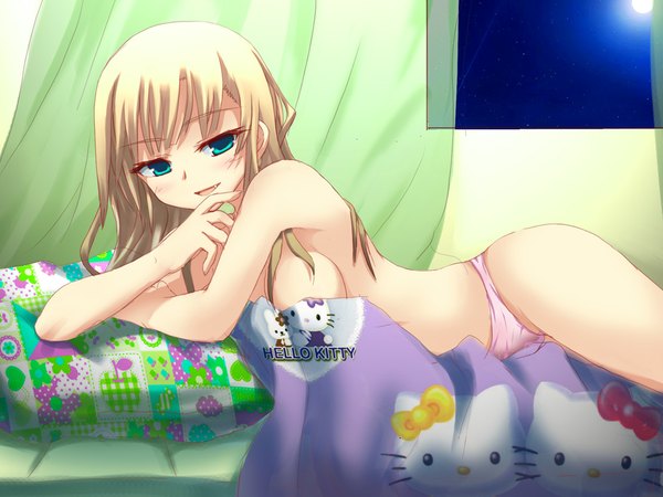 Anime picture 1152x864 with hello kitty original sanrio tuanzi long hair blush blue eyes light erotic blonde hair lying teeth fang (fangs) topless naughty face underwear panties bed